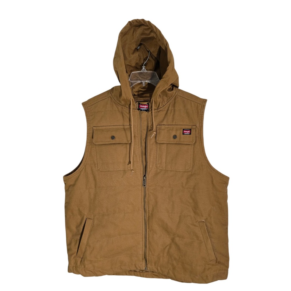 Wrangler Workwear Mens 2XL Brown Canvas Hooded Quilted Utility Vest Jacket